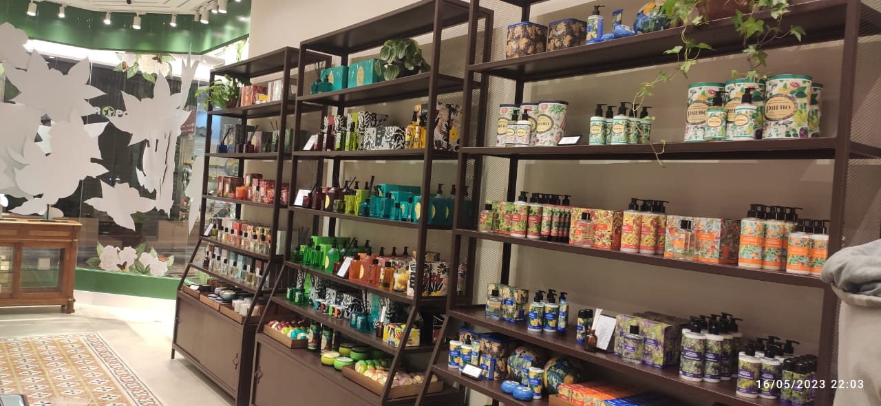 Painel expositor da linha Phebo com estantes altas e ambientação em verde e madeira